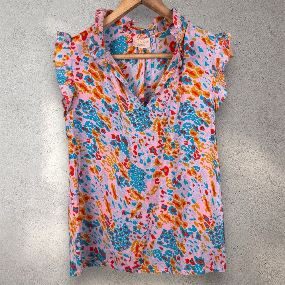Rungolee‎ Women's Silk Ruffle V-Neck Printed Blouse XXS Pink Turquoise Red